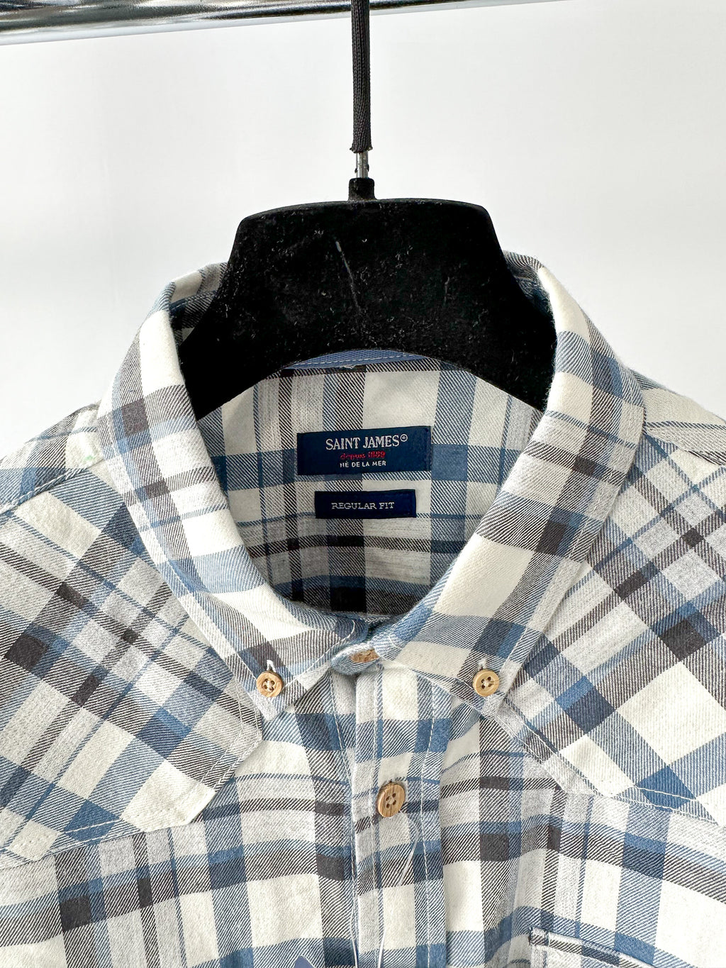 Saint James Blue Checked Shirt In Brushed Cotton