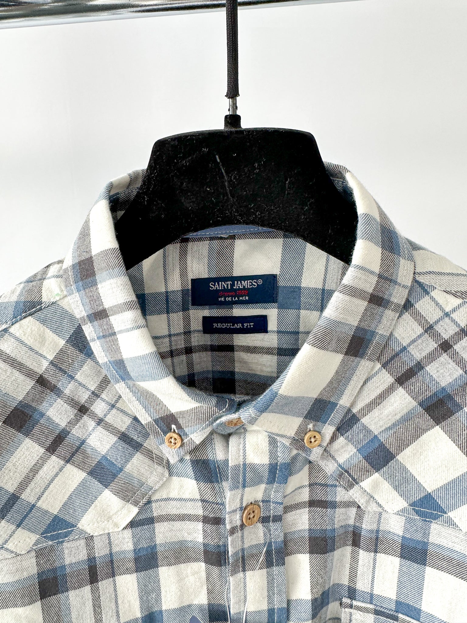 Saint James Blue Checked Shirt In Brushed Cotton