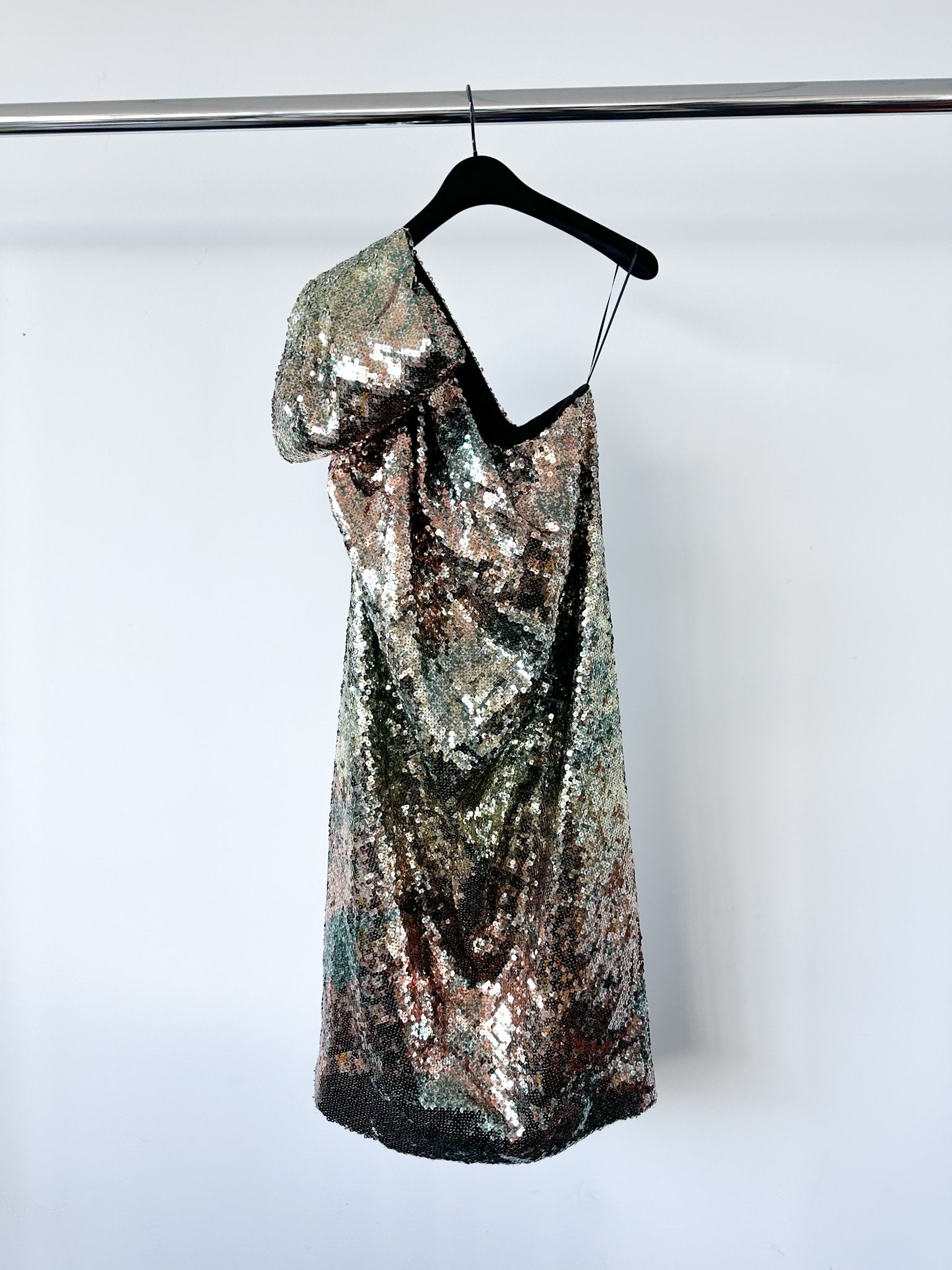 Halpern Sequinned One Shoulder Rainbow Party Dress