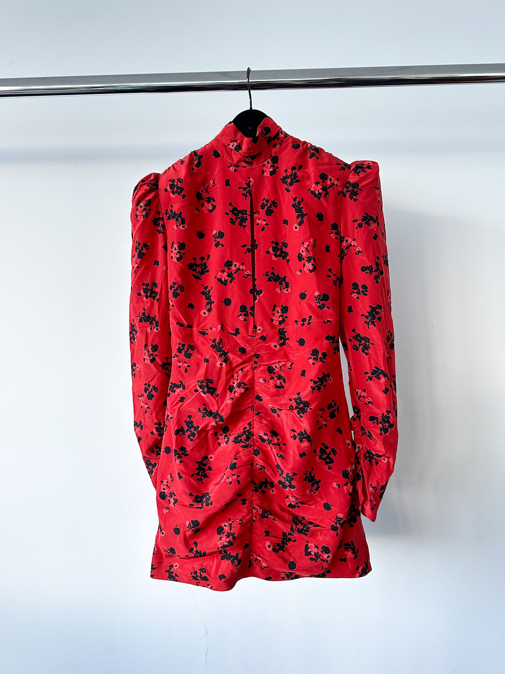 Alessandra Rich Red Floral Rose Print Silk High Neck Keyhole Front Mini Dress