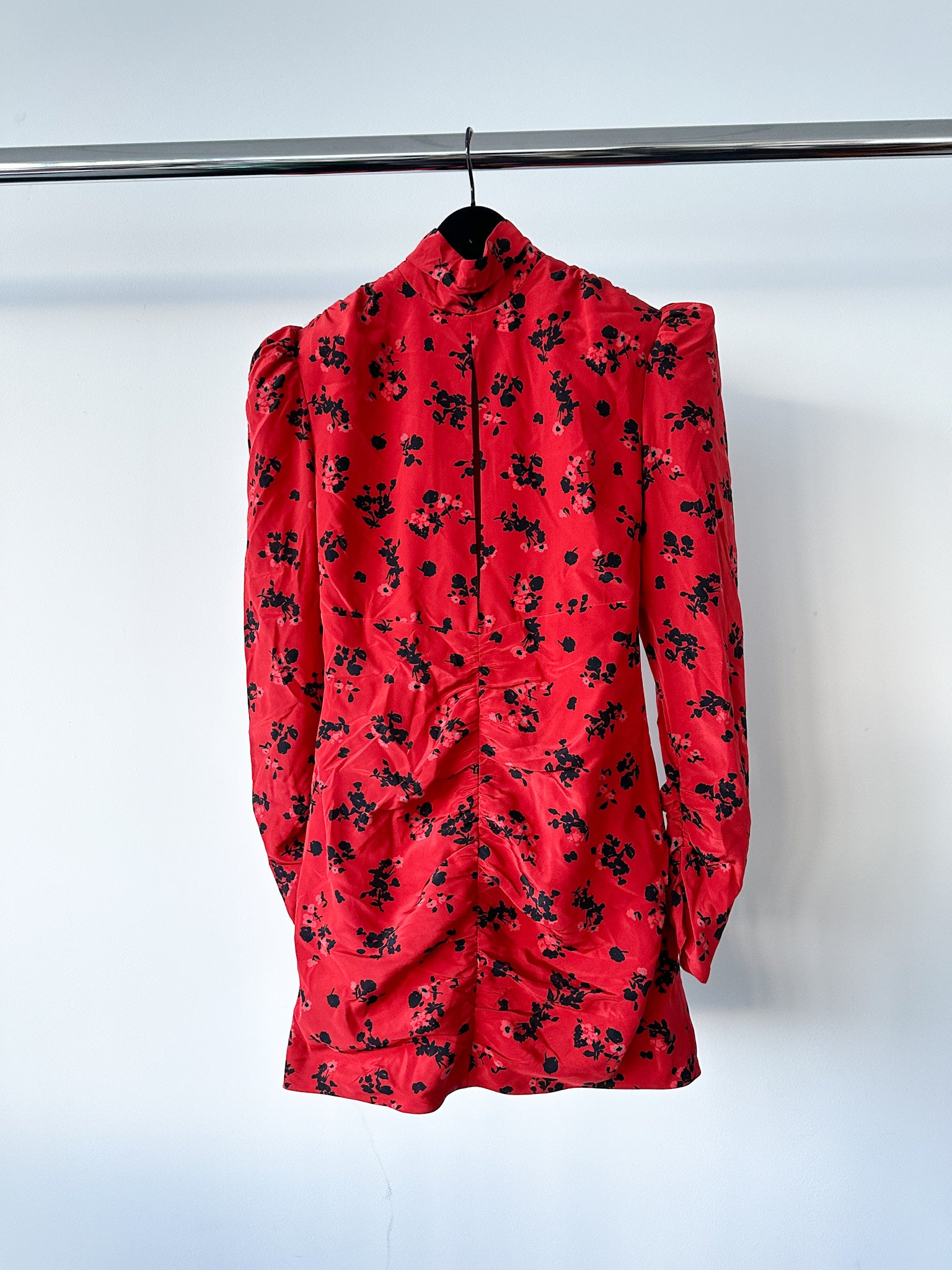 Alessandra Rich Red Floral Rose Print Silk High Neck Keyhole Front Mini Dress