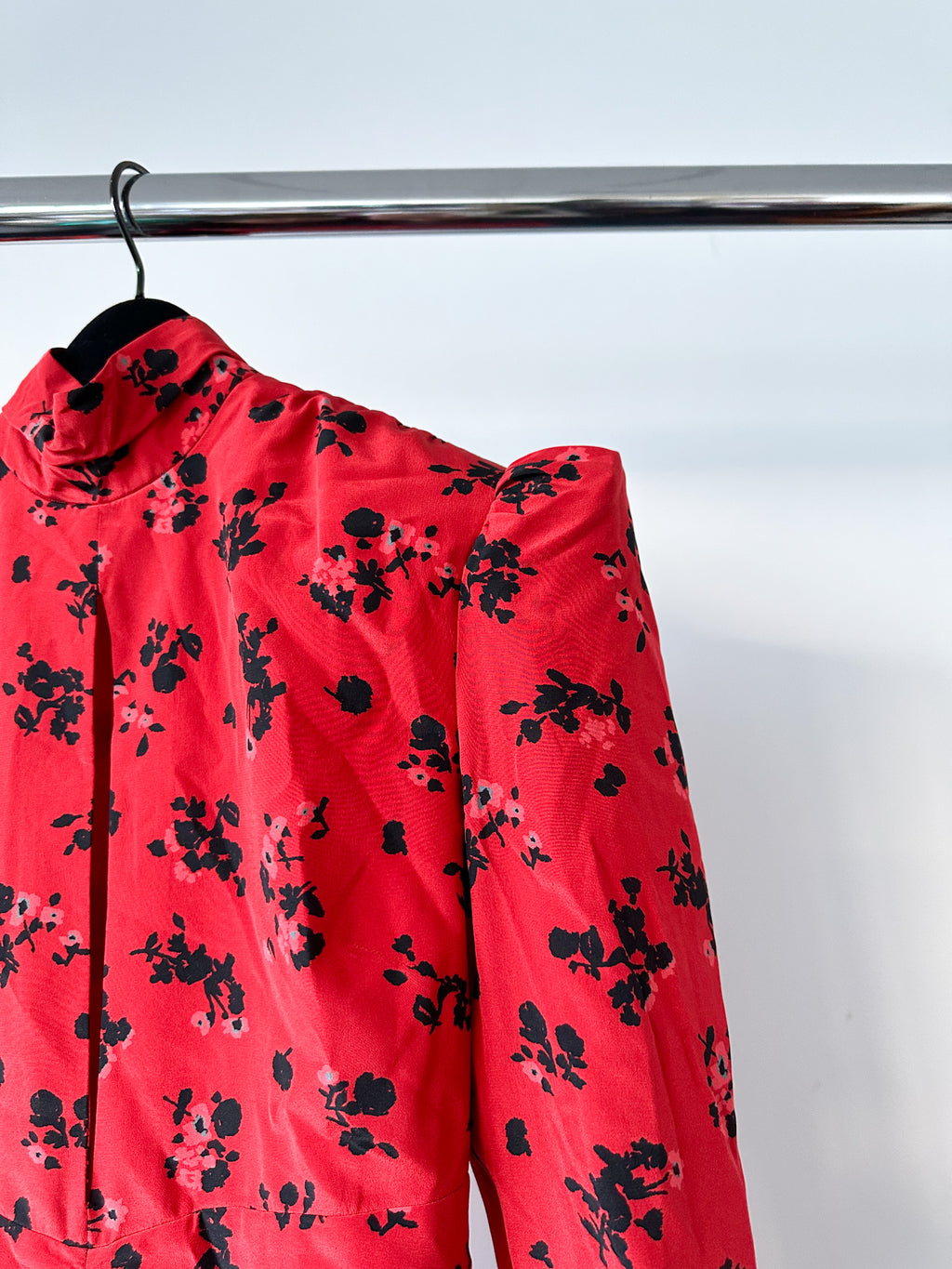 Alessandra Rich Red Floral Rose Print Silk High Neck Keyhole Front Mini Dress