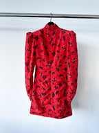Alessandra Rich Red Floral Rose Print Silk High Neck Keyhole Front Mini Dress