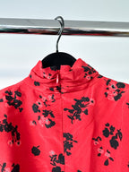 Alessandra Rich Red Floral Rose Print Silk High Neck Keyhole Front Mini Dress