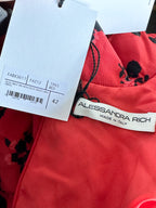 Alessandra Rich Red Floral Rose Print Silk High Neck Keyhole Front Mini Dress