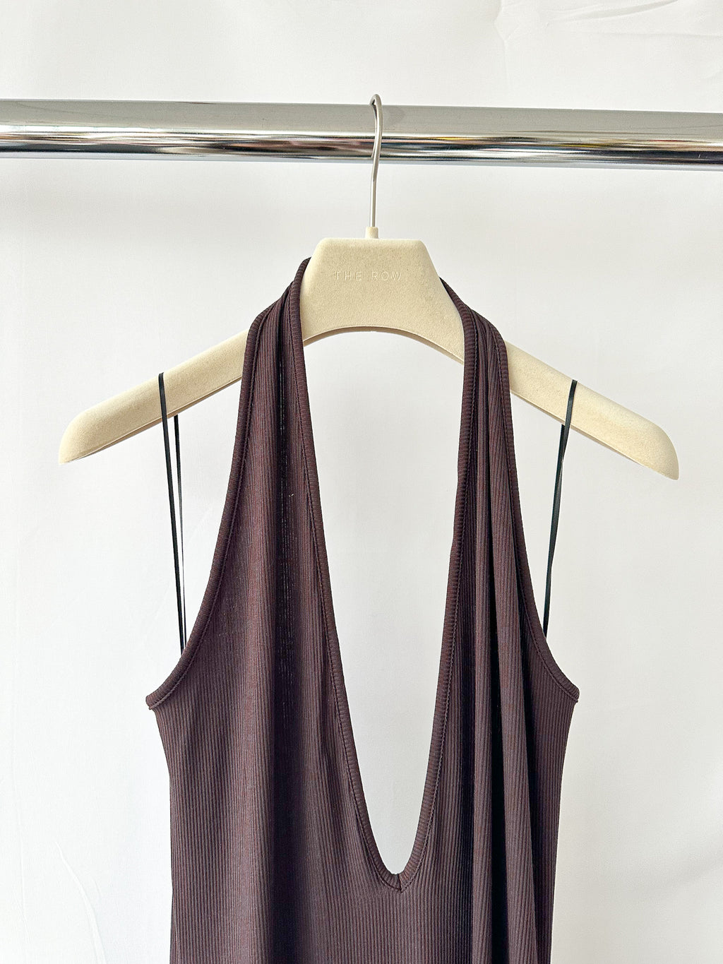 Skims Brown Ribbed Knit Stretch Woven Halterneck Maxi Dress