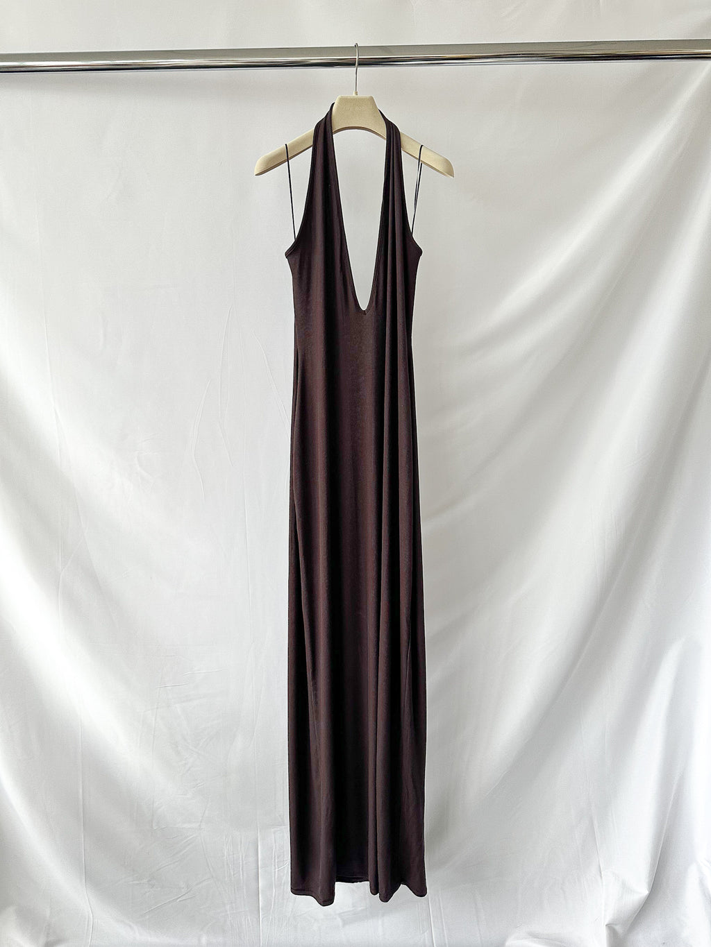 Skims Brown Ribbed Knit Stretch Woven Halterneck Maxi Dress