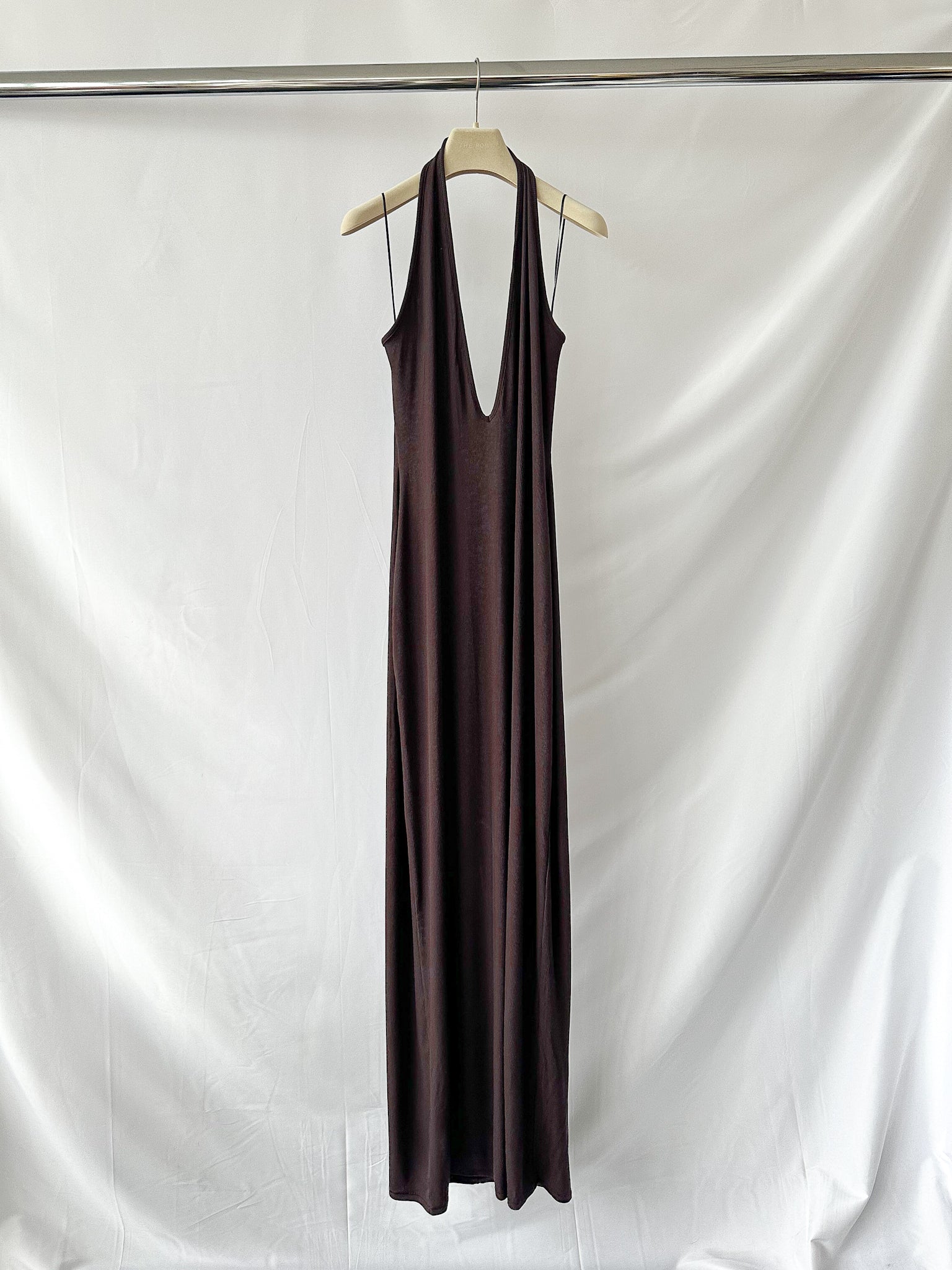 Skims Brown Ribbed Knit Stretch Woven Halterneck Maxi Dress