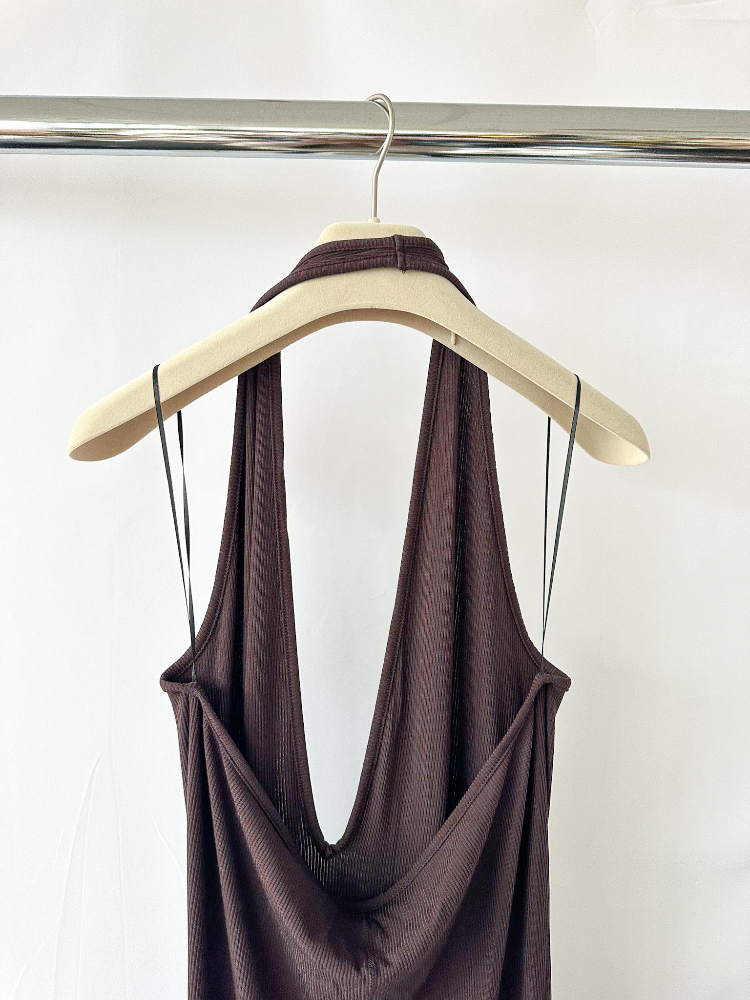 Skims Brown Ribbed Knit Stretch Woven Halterneck Maxi Dress
