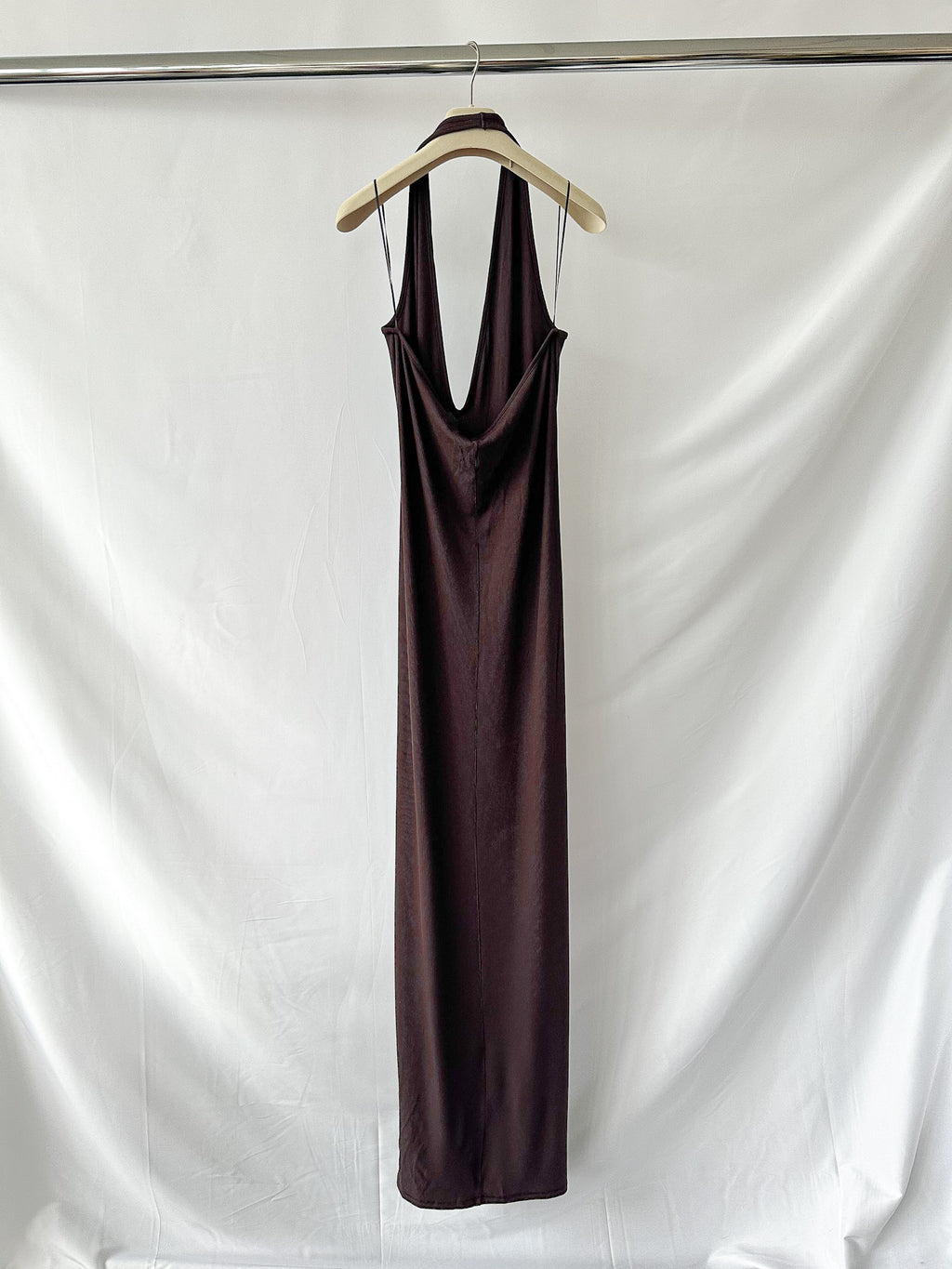 Skims Brown Ribbed Knit Stretch Woven Halterneck Maxi Dress