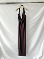 Skims Brown Ribbed Knit Stretch Woven Halterneck Maxi Dress