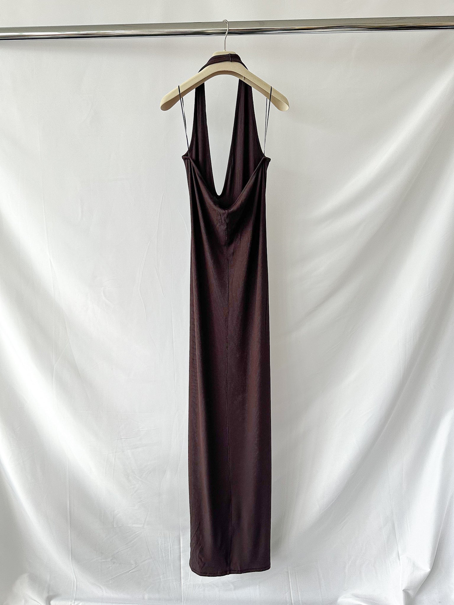 Skims Brown Ribbed Knit Stretch Woven Halterneck Maxi Dress