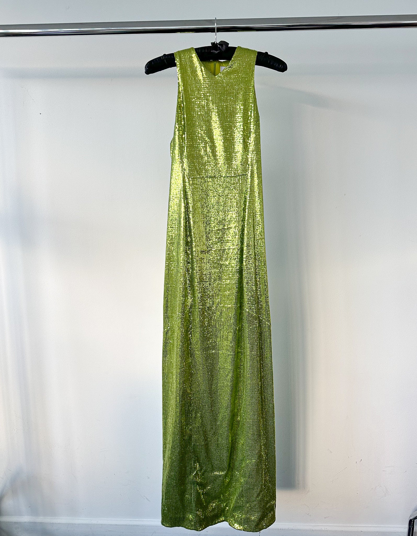 GALVAN Green Sequinned Sparkly High Shine Reflection Long Dress