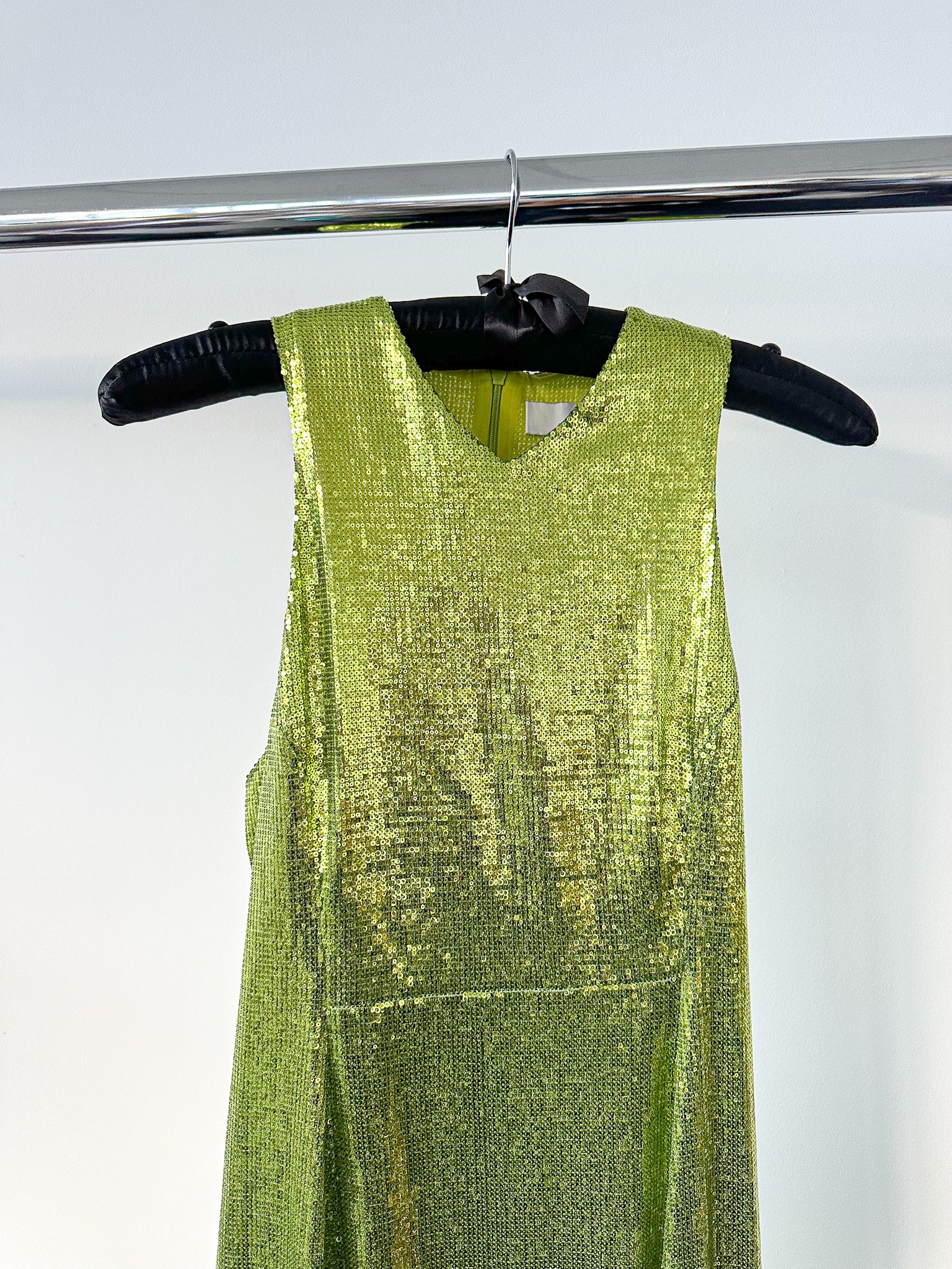 GALVAN Green Sequinned Sparkly High Shine Reflection Long Dress