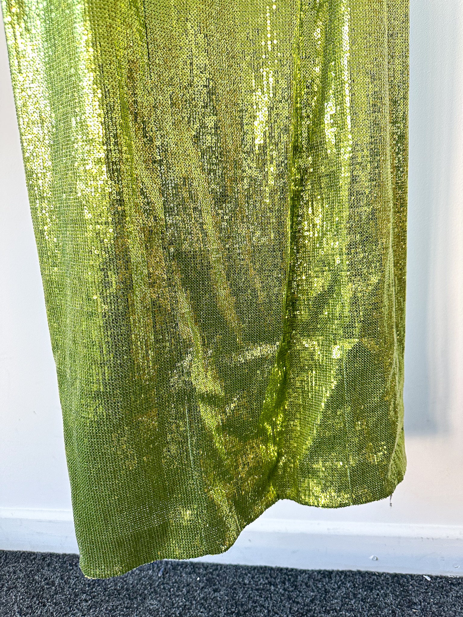 GALVAN Green Sequinned Sparkly High Shine Reflection Long Dress