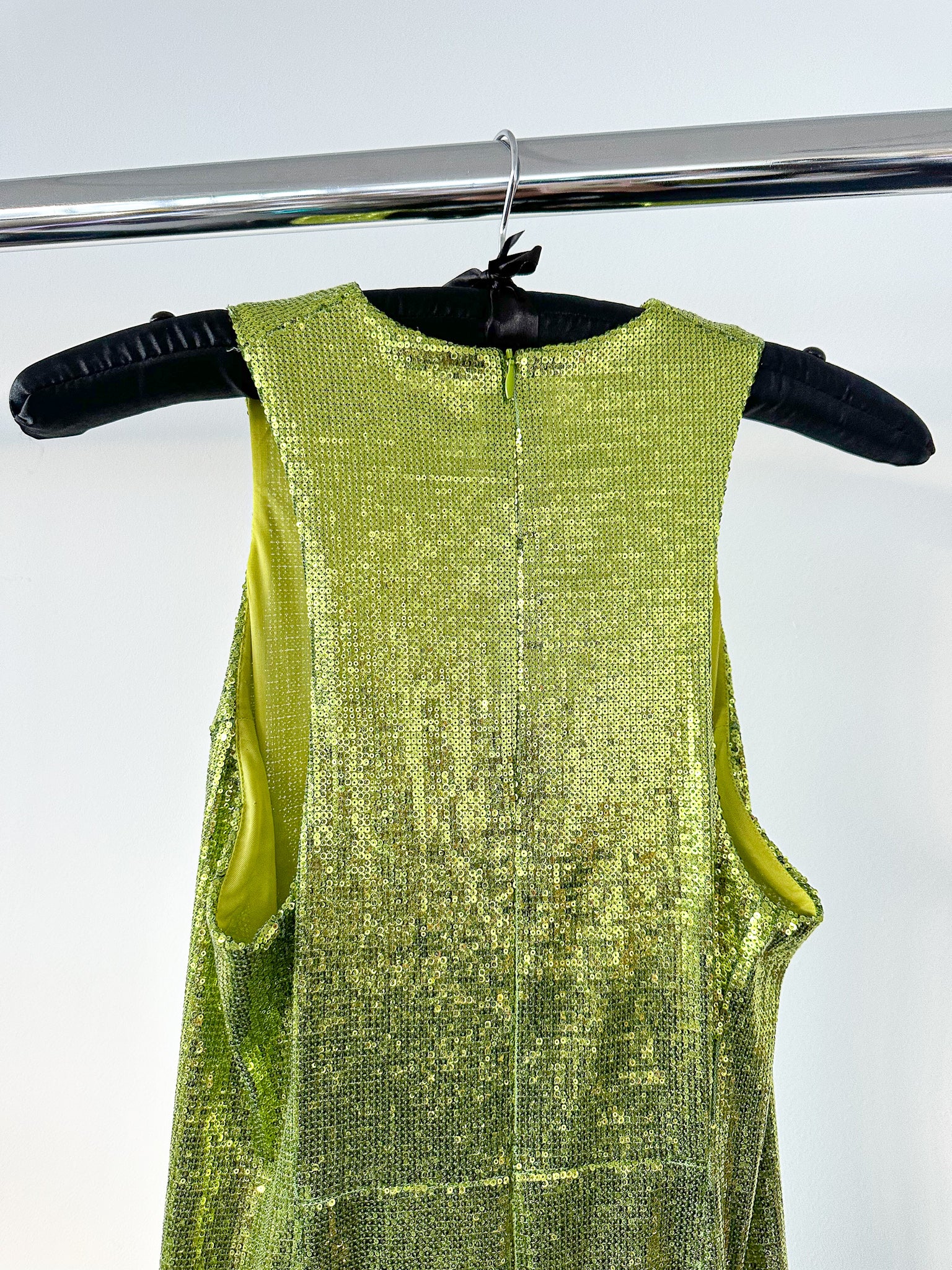 GALVAN Green Sequinned Sparkly High Shine Reflection Long Dress