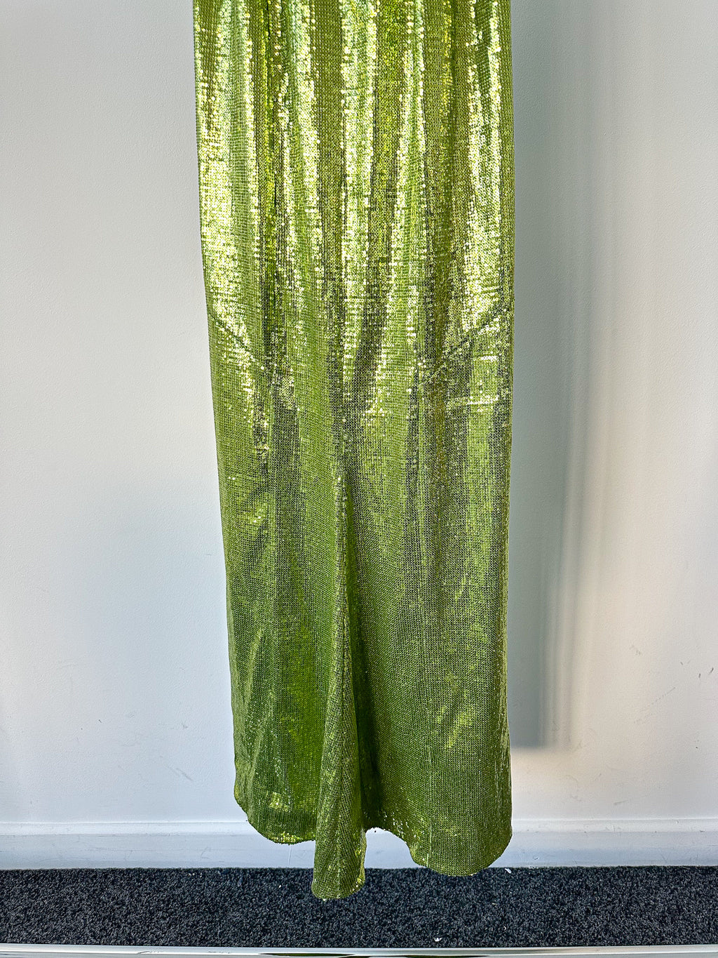 GALVAN Green Sequinned Sparkly High Shine Reflection Long Dress