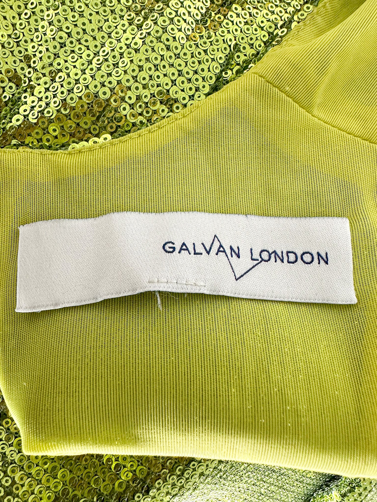 GALVAN Green Sequinned Sparkly High Shine Reflection Long Dress