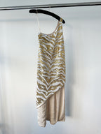 Halpern Tiger Gold White Full Sequinned One Shoulder 70s Disco Party Midi Dress