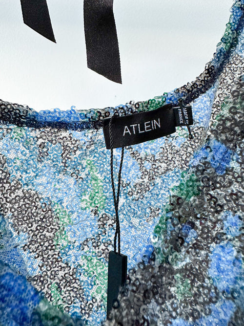 Atlein – Blaues Kleid mit Pailletten und Blumenmuster