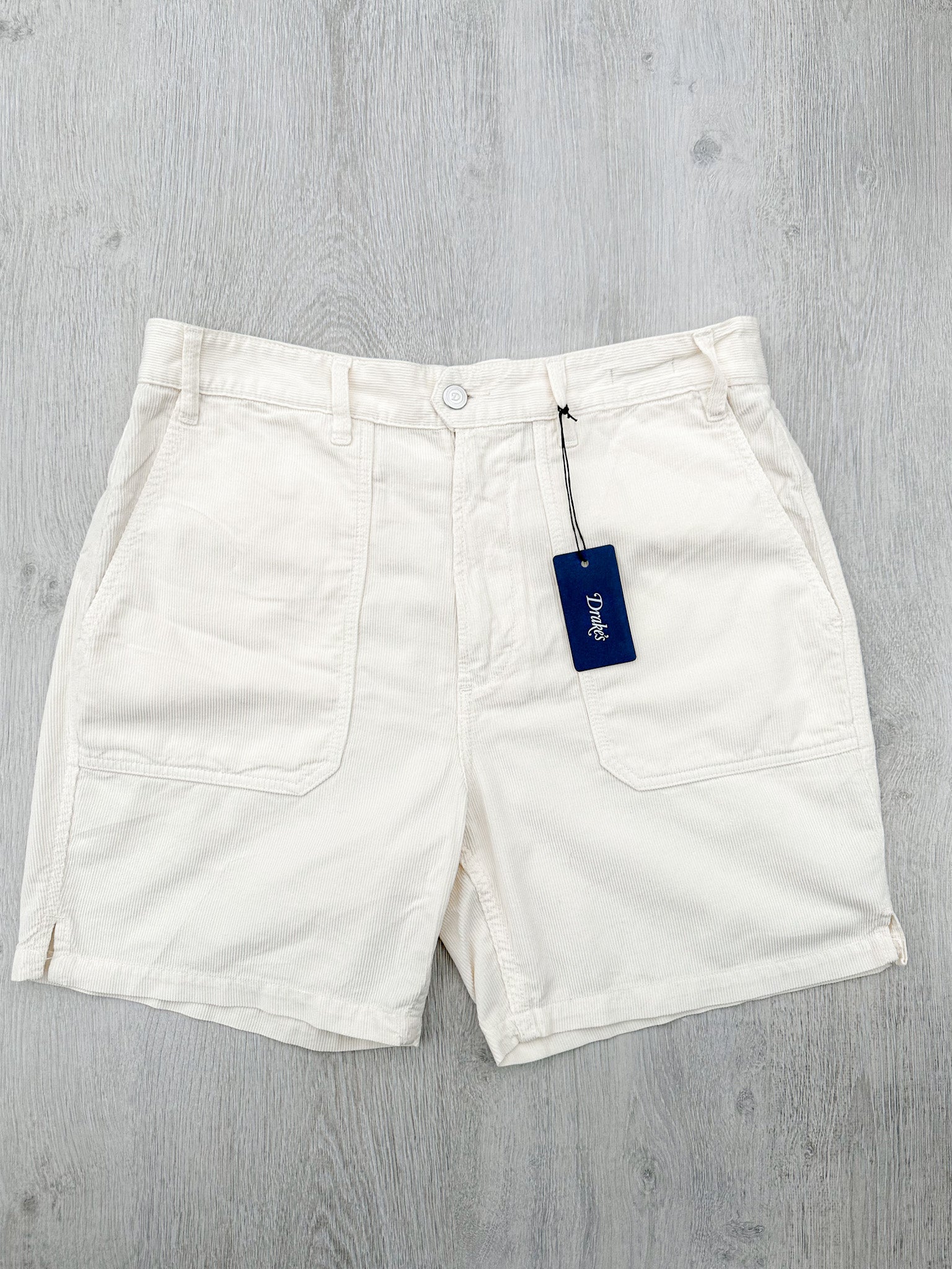Drake's Fatigue Ecru White Cotton Corduroy Needlecord Shorts - House Of Huntington