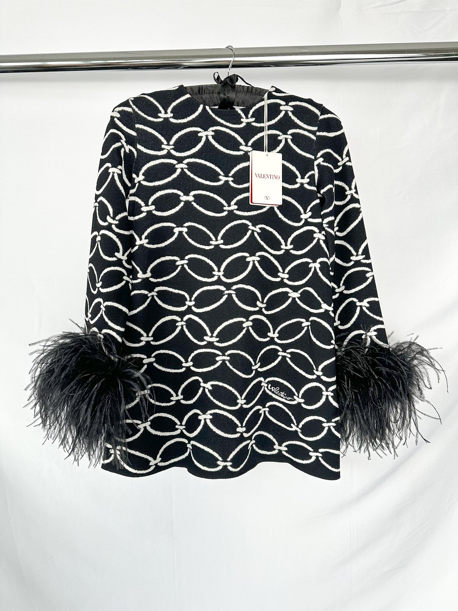 Valentino Garavani Feather-Trimmed Black 1967 Chain Print Intarsia Jacquard Knit Top