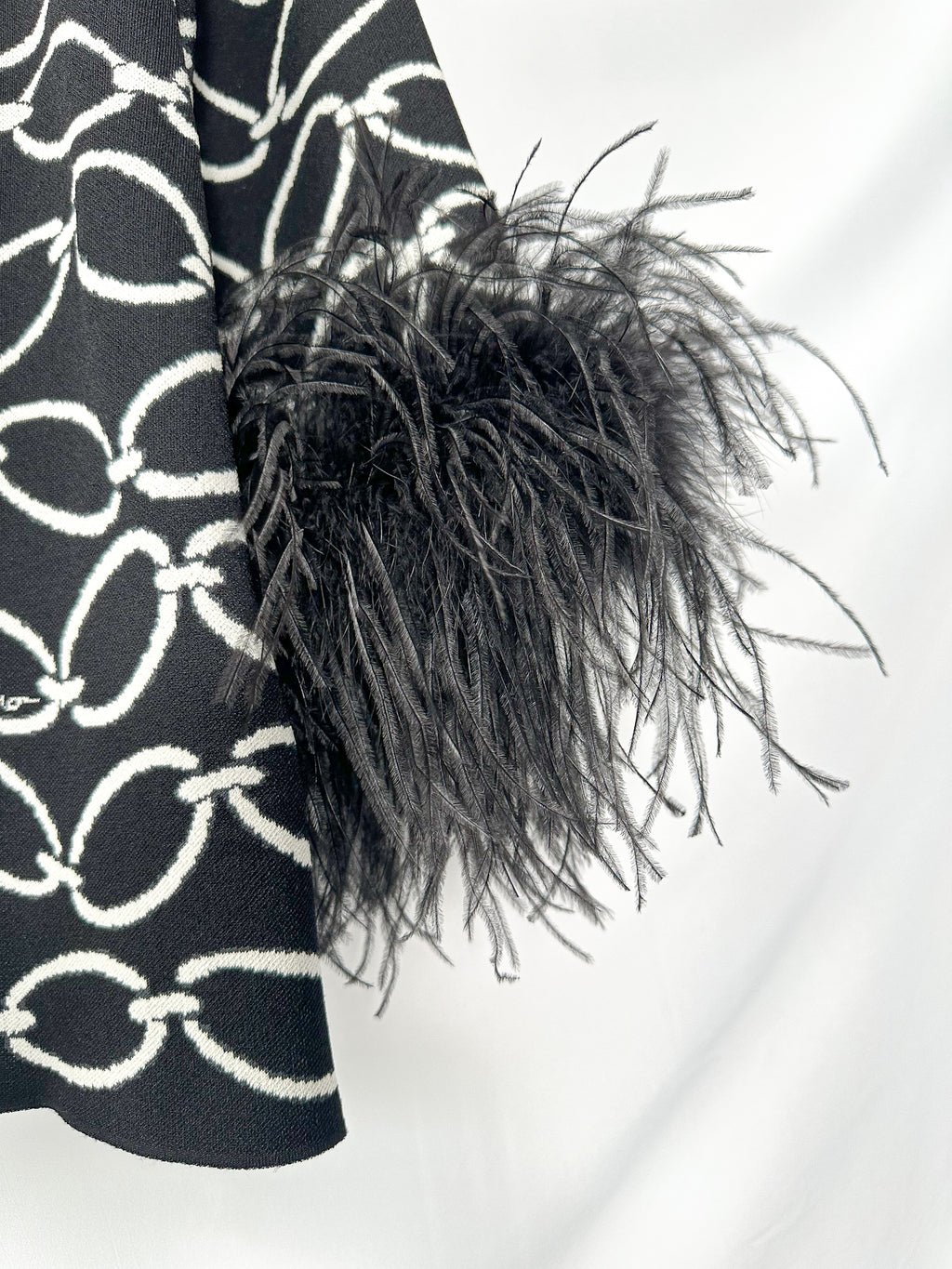 Valentino Garavani Feather-Trimmed Black 1967 Chain Print Intarsia Jacquard Knit Top