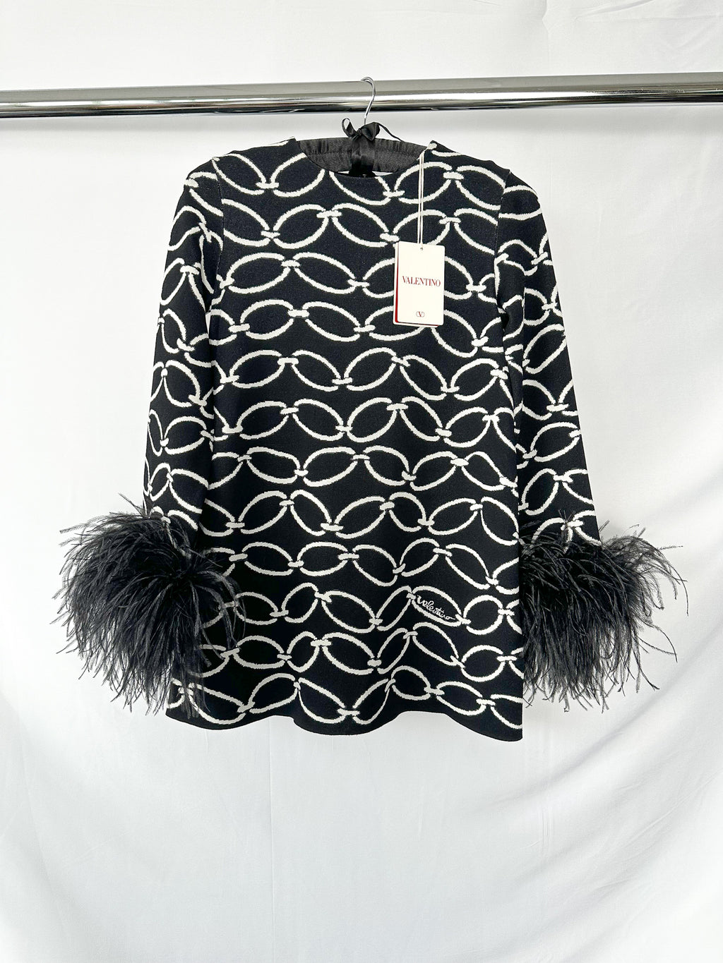 Valentino Garavani Feather-Trimmed Black 1967 Chain Print Intarsia Jacquard Knit Top