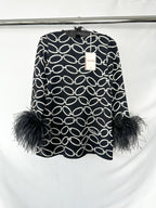 Valentino Garavani Feather-Trimmed Black 1967 Chain Print Intarsia Jacquard Knit Top