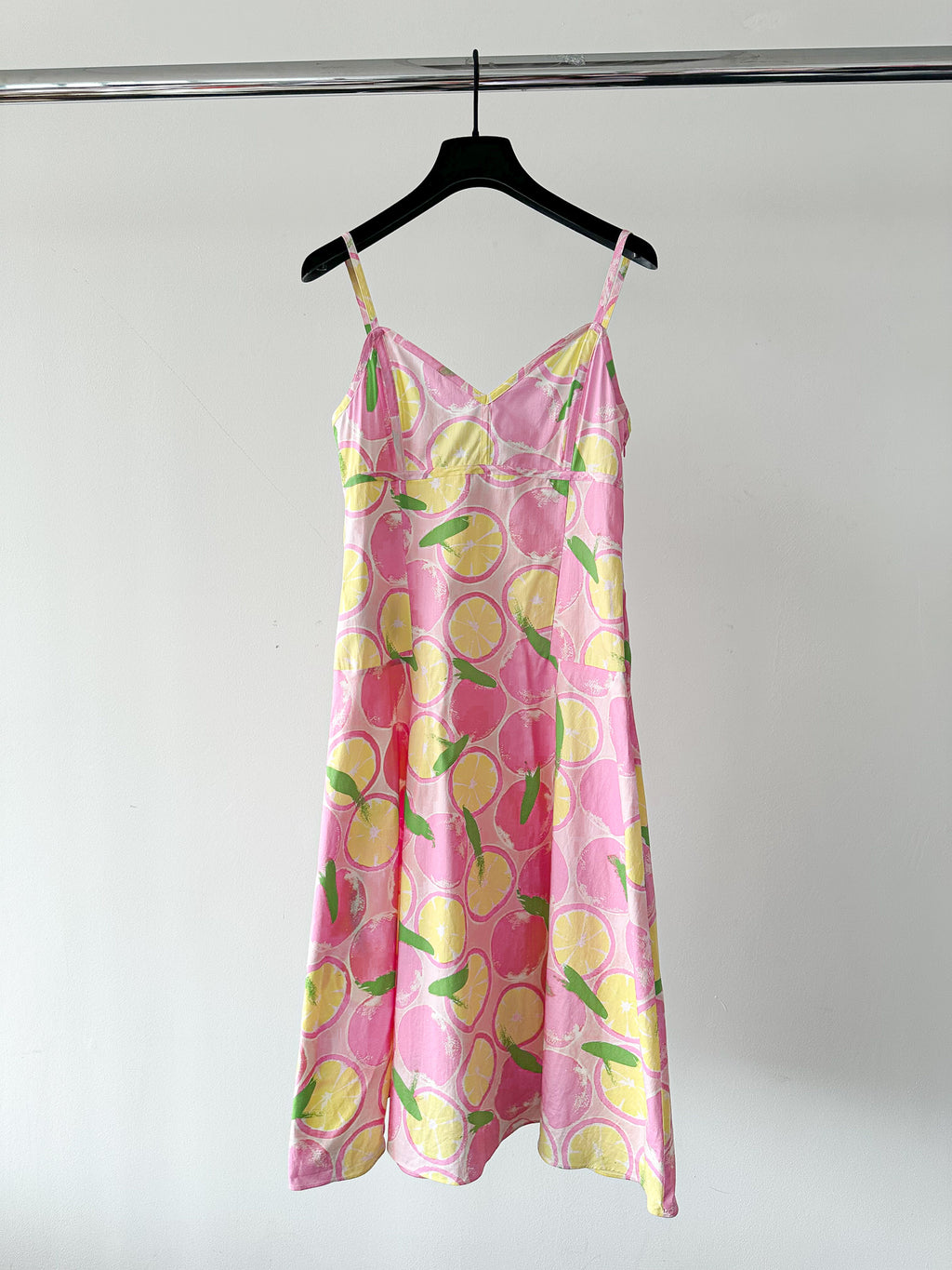 Moschino Lemon Print Amalfi Pink V-Neck Spaghetti Strap Dress