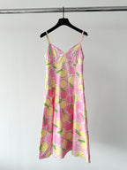 Moschino Lemon Print Amalfi Pink V-Neck Spaghetti Strap Dress