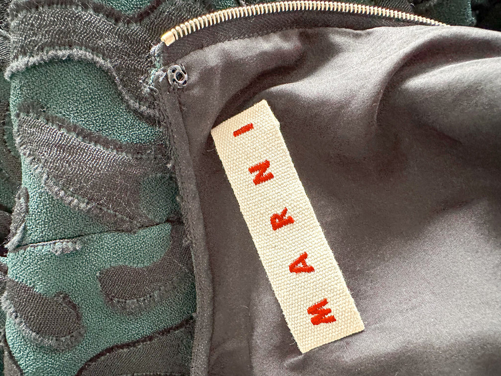 Marni Floral Green Black Embroidered Zipper Back Pleat Hem Dress