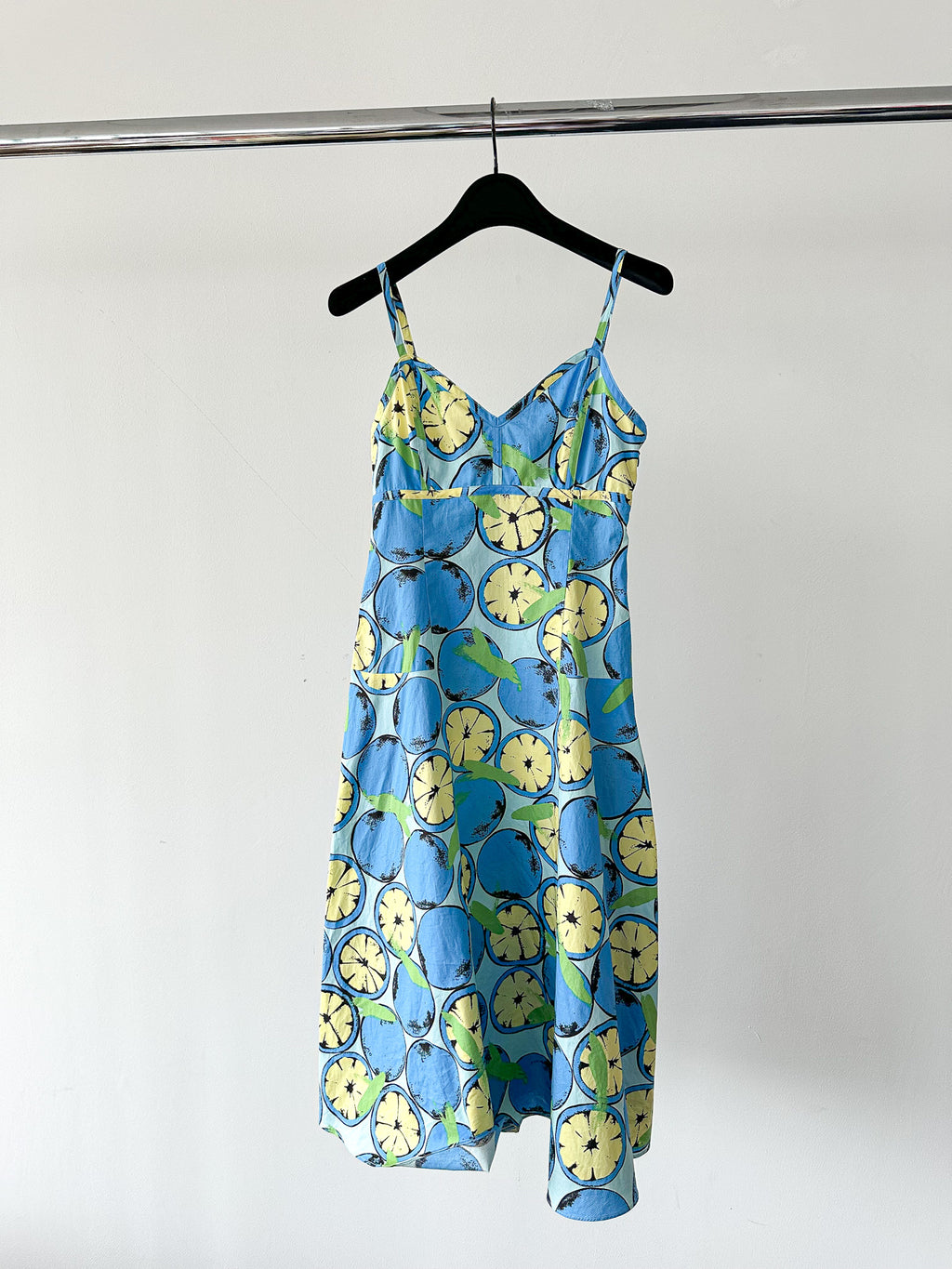 Moschino Lemon Print Amalfi Blue V-Neck Spaghetti Strap Dress