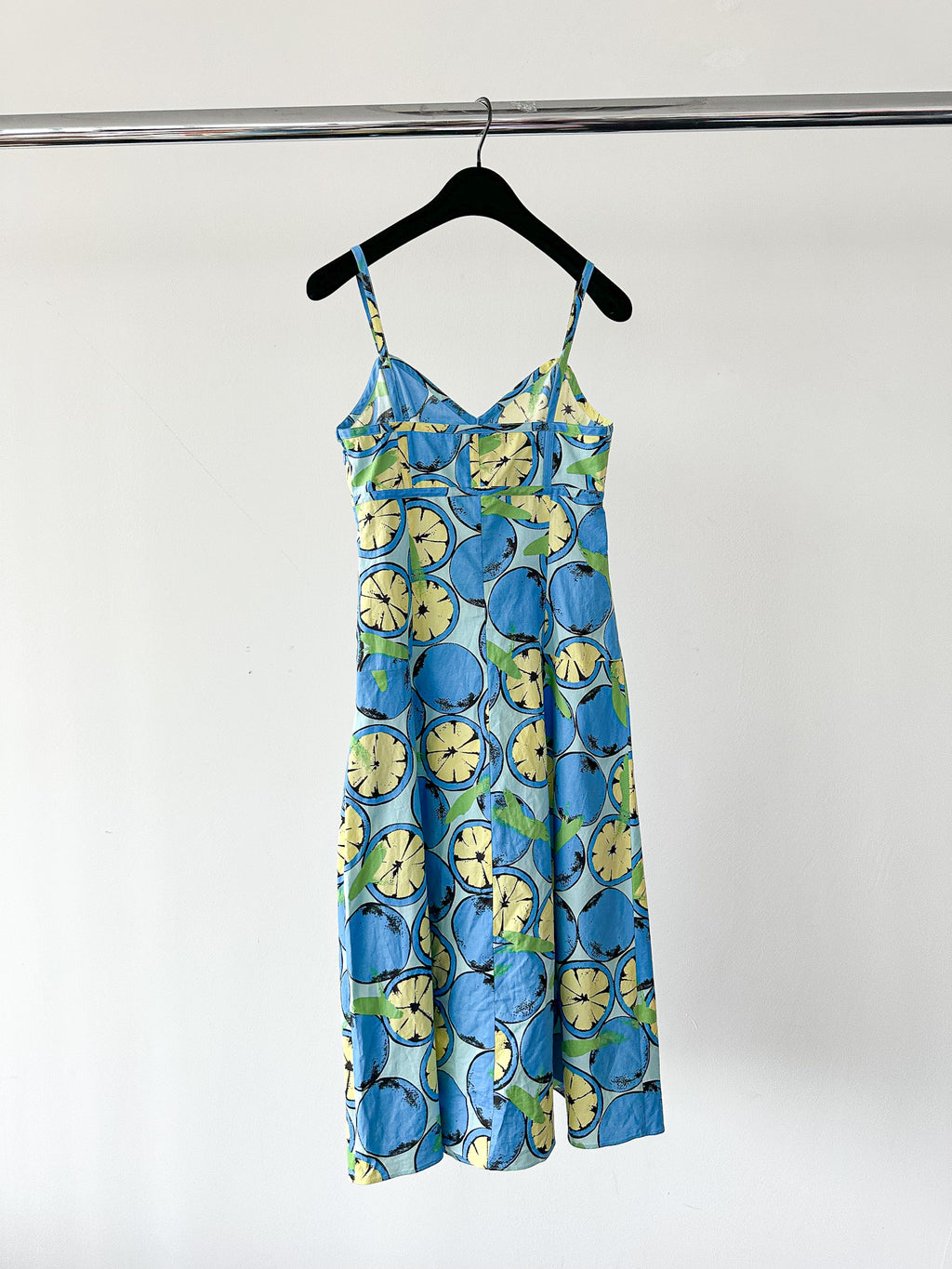 Moschino Lemon Print Amalfi Blue V-Neck Spaghetti Strap Dress