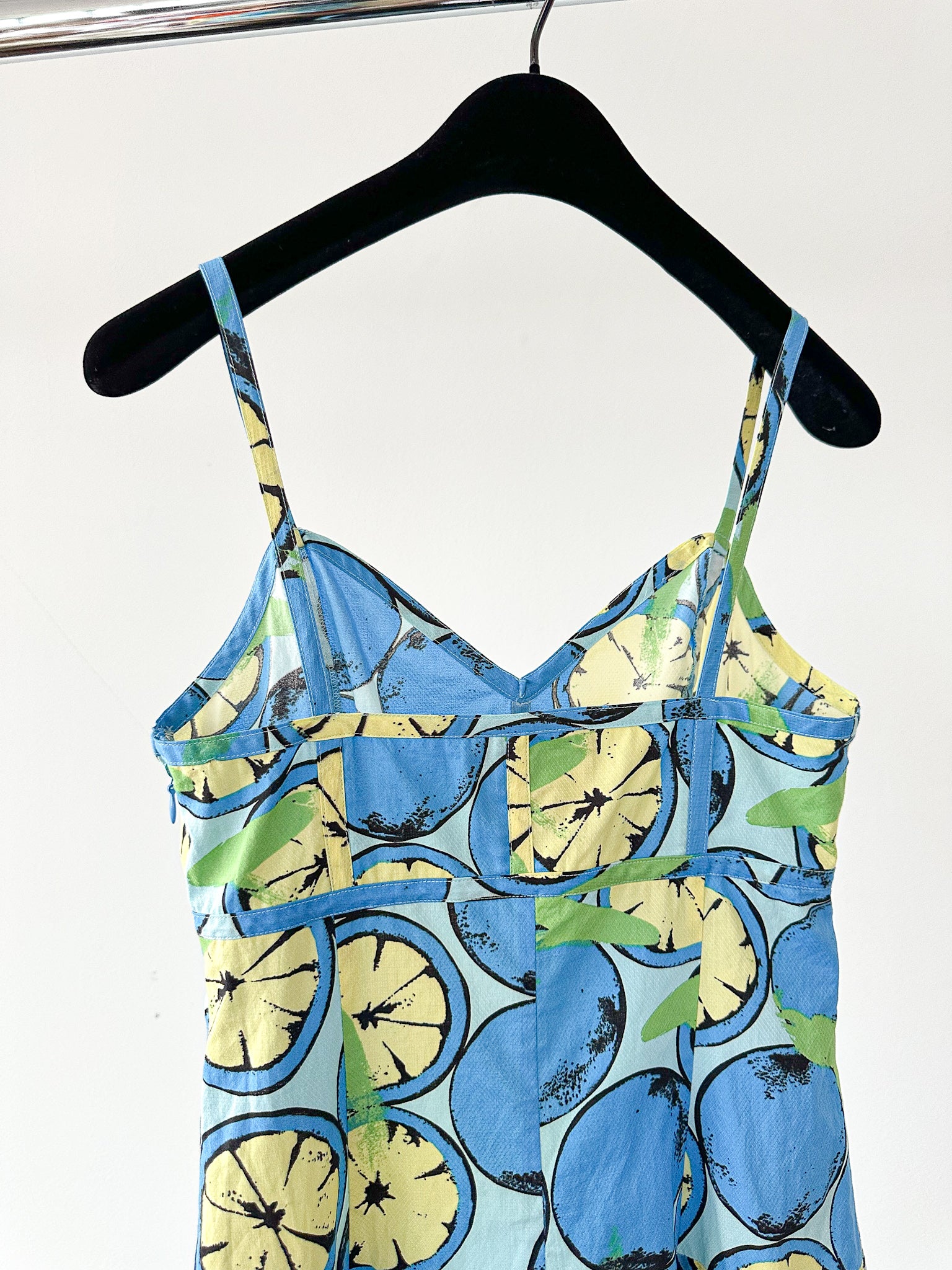 Moschino Lemon Print Amalfi Blue V-Neck Spaghetti Strap Dress