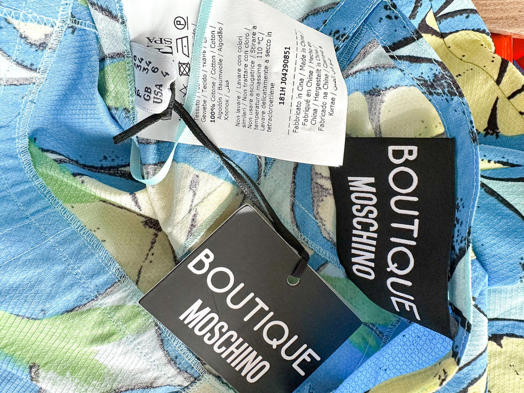 Moschino Lemon Print Amalfi Blue V-Neck Spaghetti Strap Dress