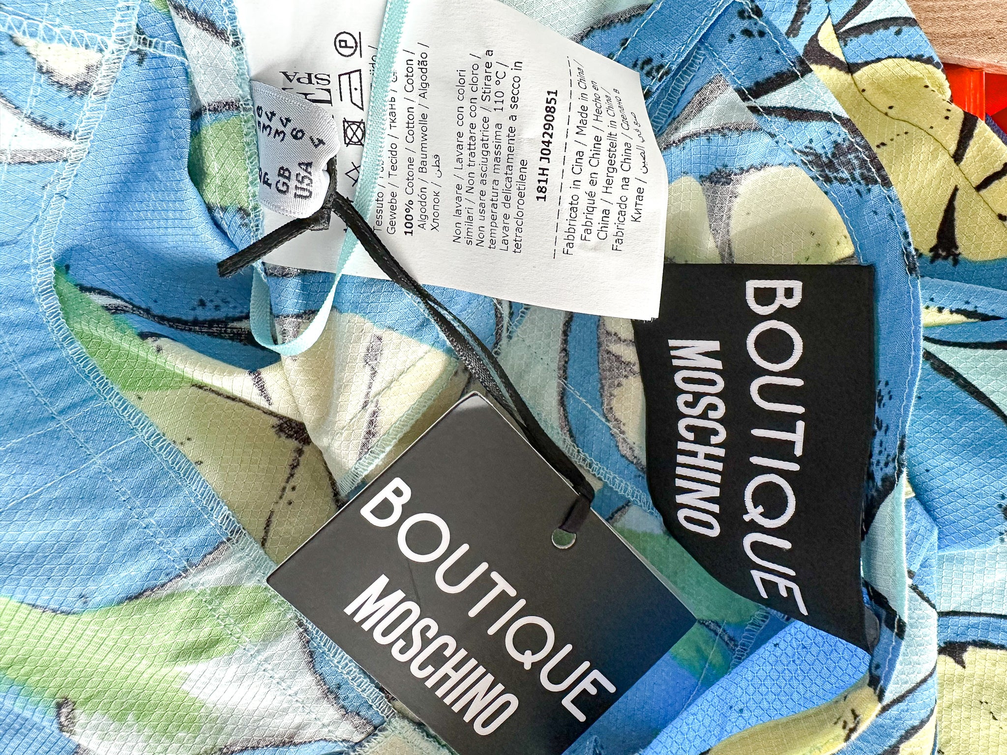 Moschino Lemon Print Amalfi Blue V-Neck Spaghetti Strap Dress