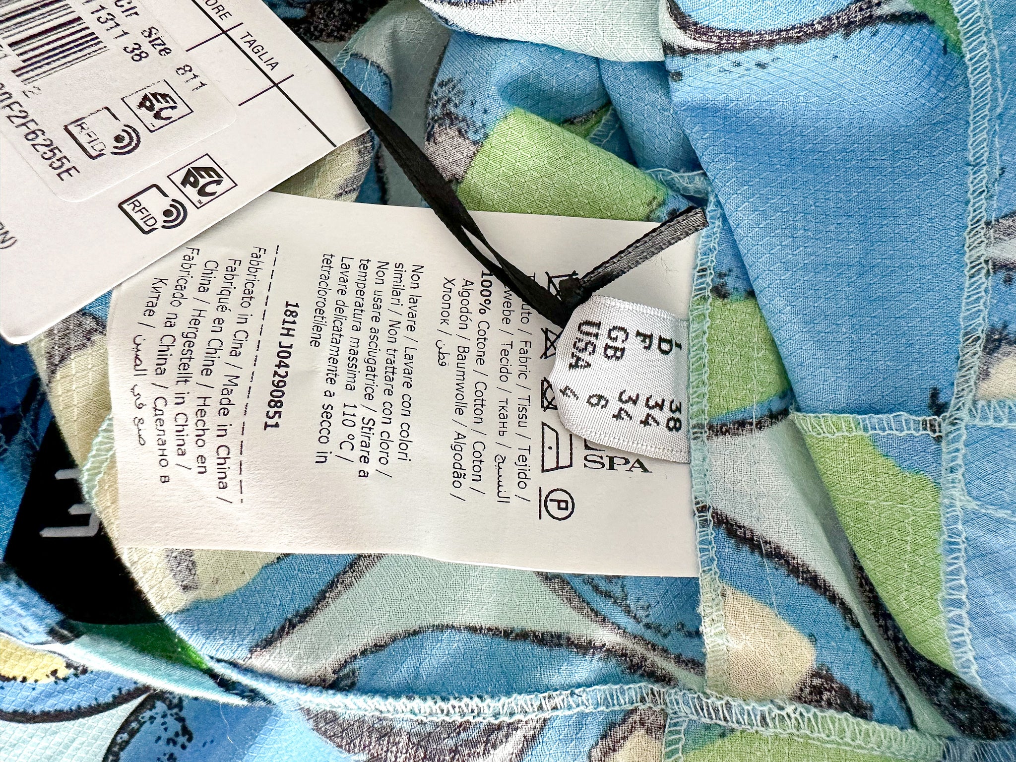 Moschino Lemon Print Amalfi Blue V-Neck Spaghetti Strap Dress