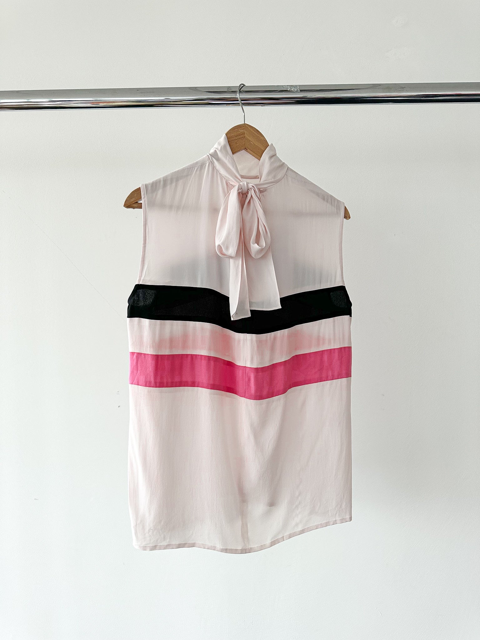 Marni Pink Stripe Detail Crepe Neck Tie Sleeveless Blouse