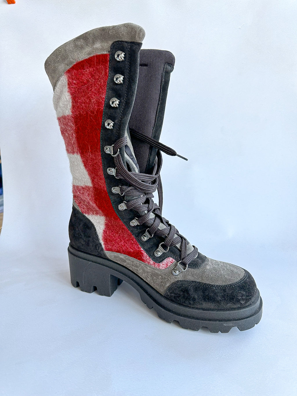 Emporio Armani Red Checked Wool Winter Suede Boots