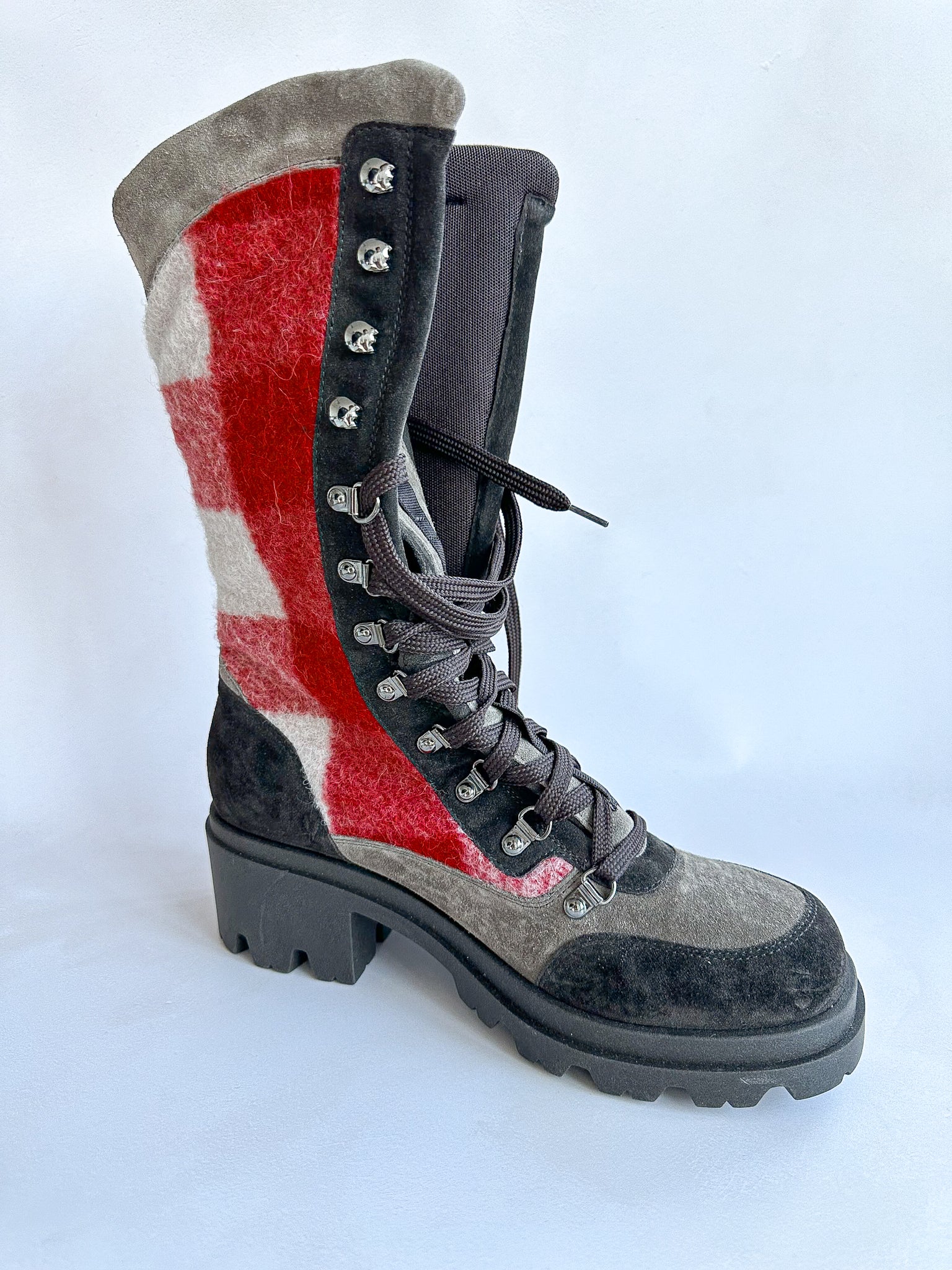 Emporio Armani Red Checked Wool Winter Suede Boots