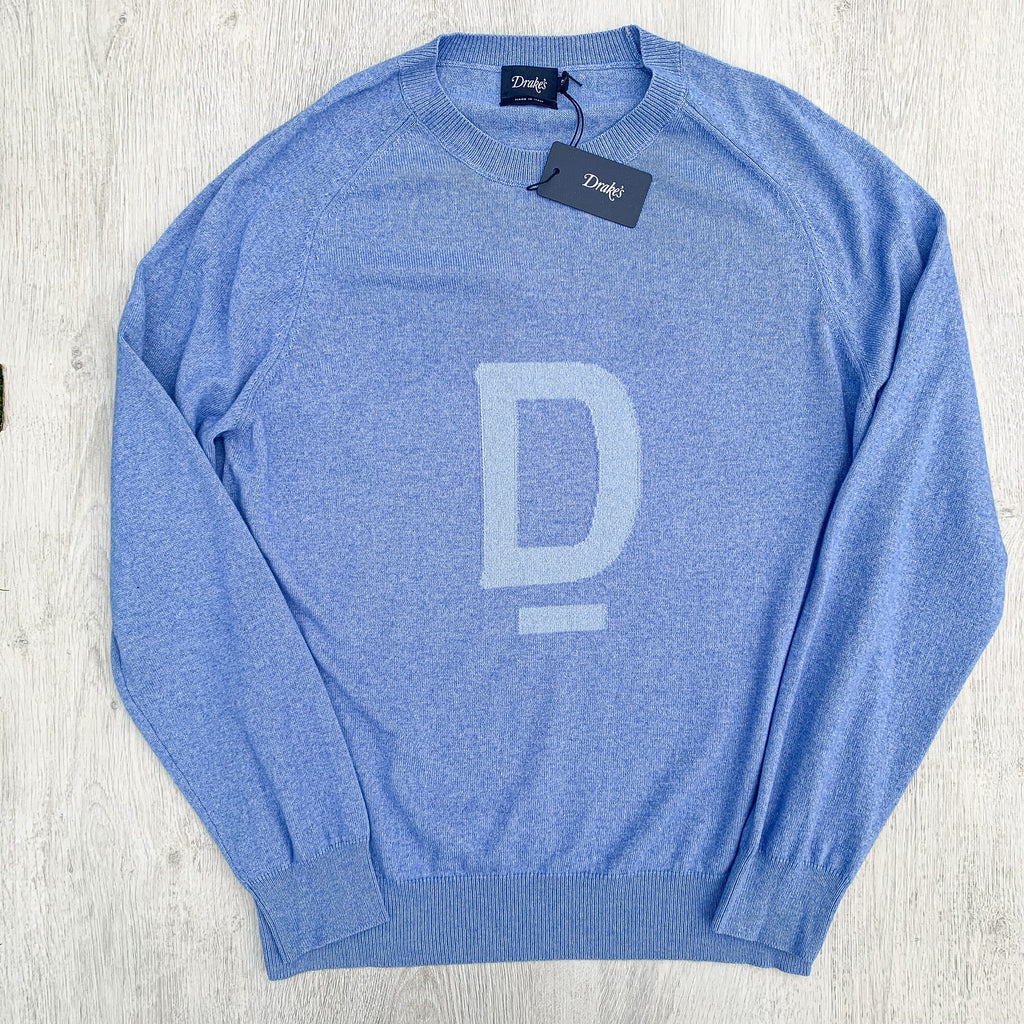 Drake's Sky Blue D Emblem Cashmere Cotton Mens Jumper - House Of Huntington