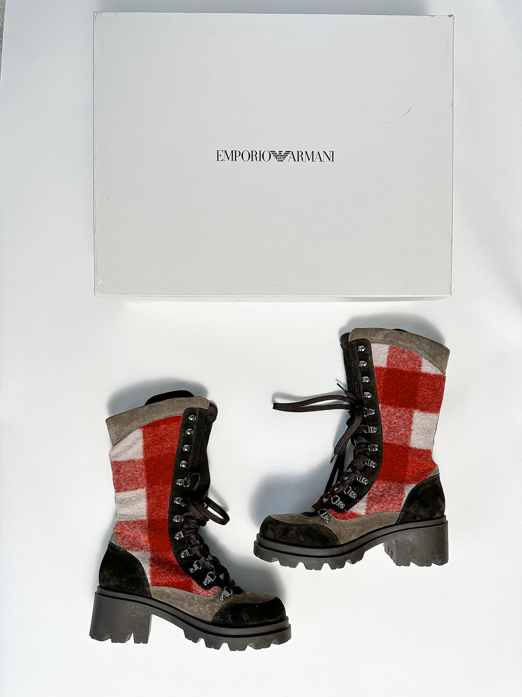 Emporio Armani Red Checked Wool Winter Suede Boots