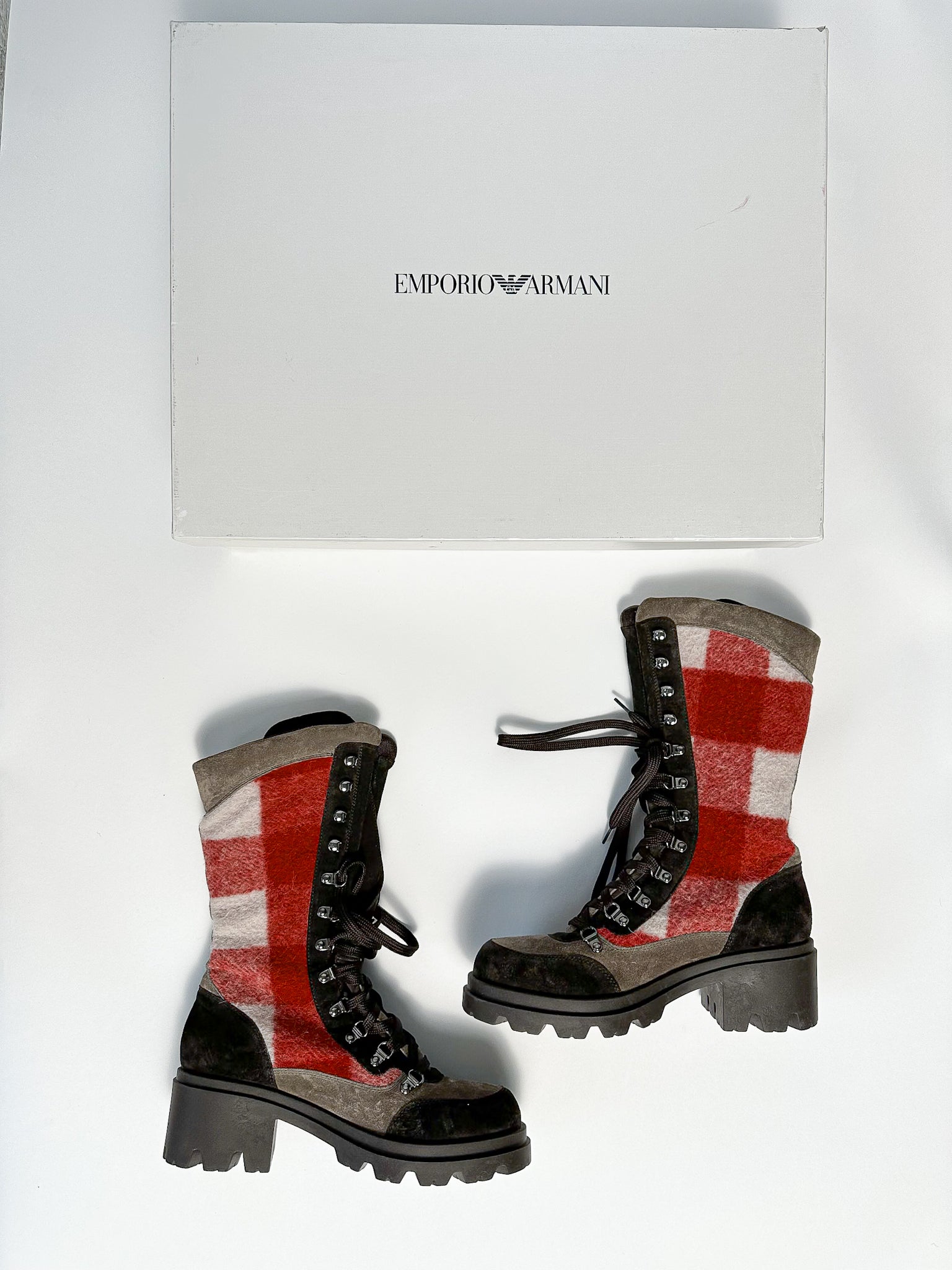 Emporio Armani Red Checked Wool Winter Suede Boots