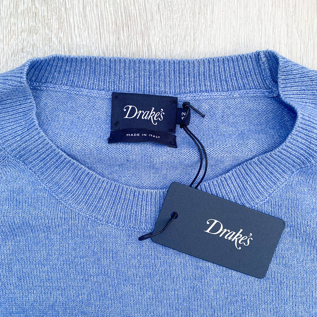 Drake's Sky Blue D Emblem Cashmere Cotton Mens Jumper - House Of Huntington