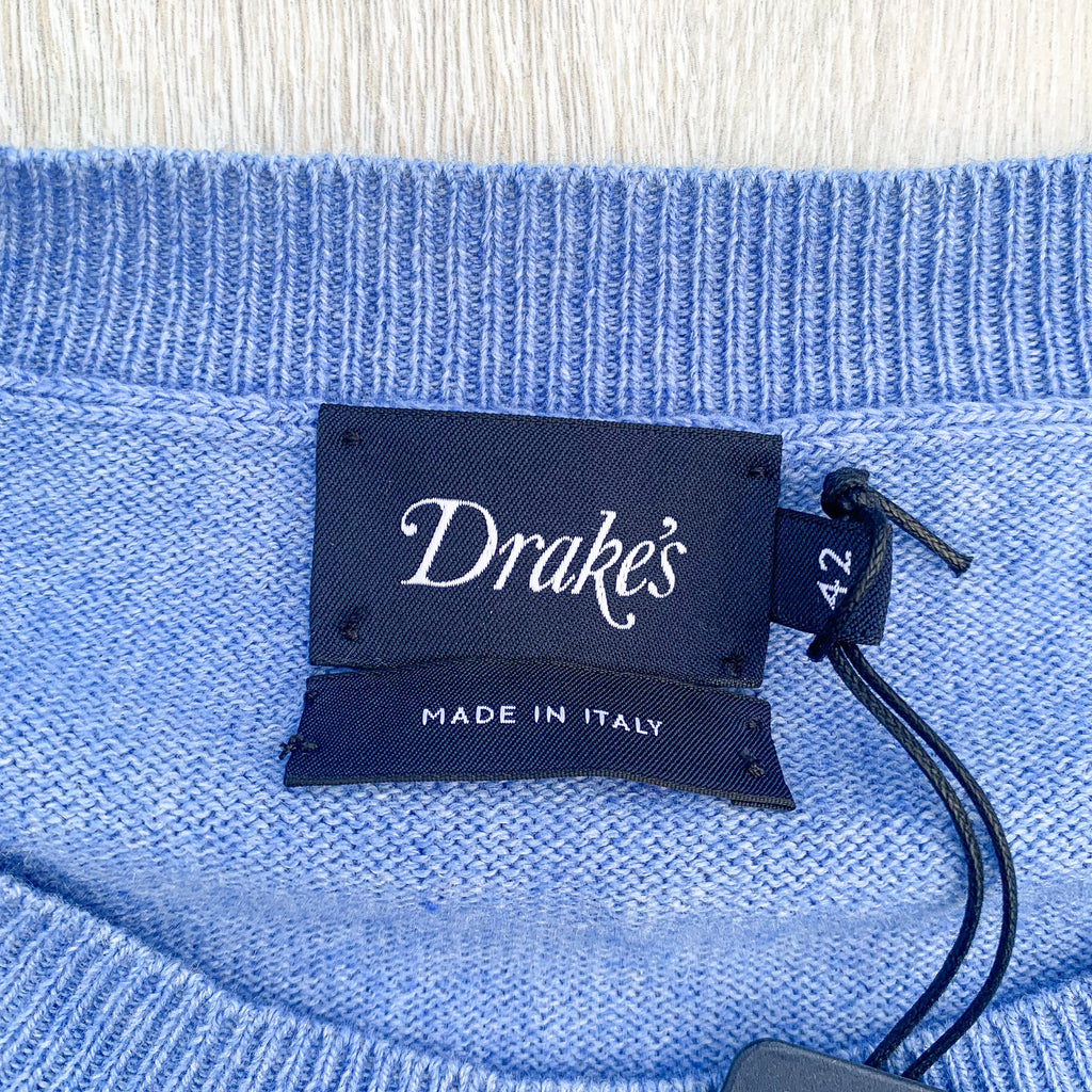 Drake's Sky Blue D Emblem Cashmere Cotton Mens Jumper - House Of Huntington