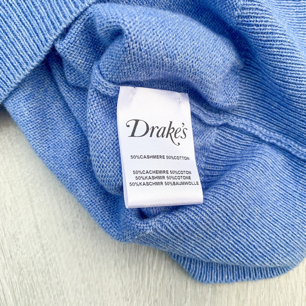Drake's Sky Blue D Emblem Cashmere Cotton Mens Jumper - House Of Huntington