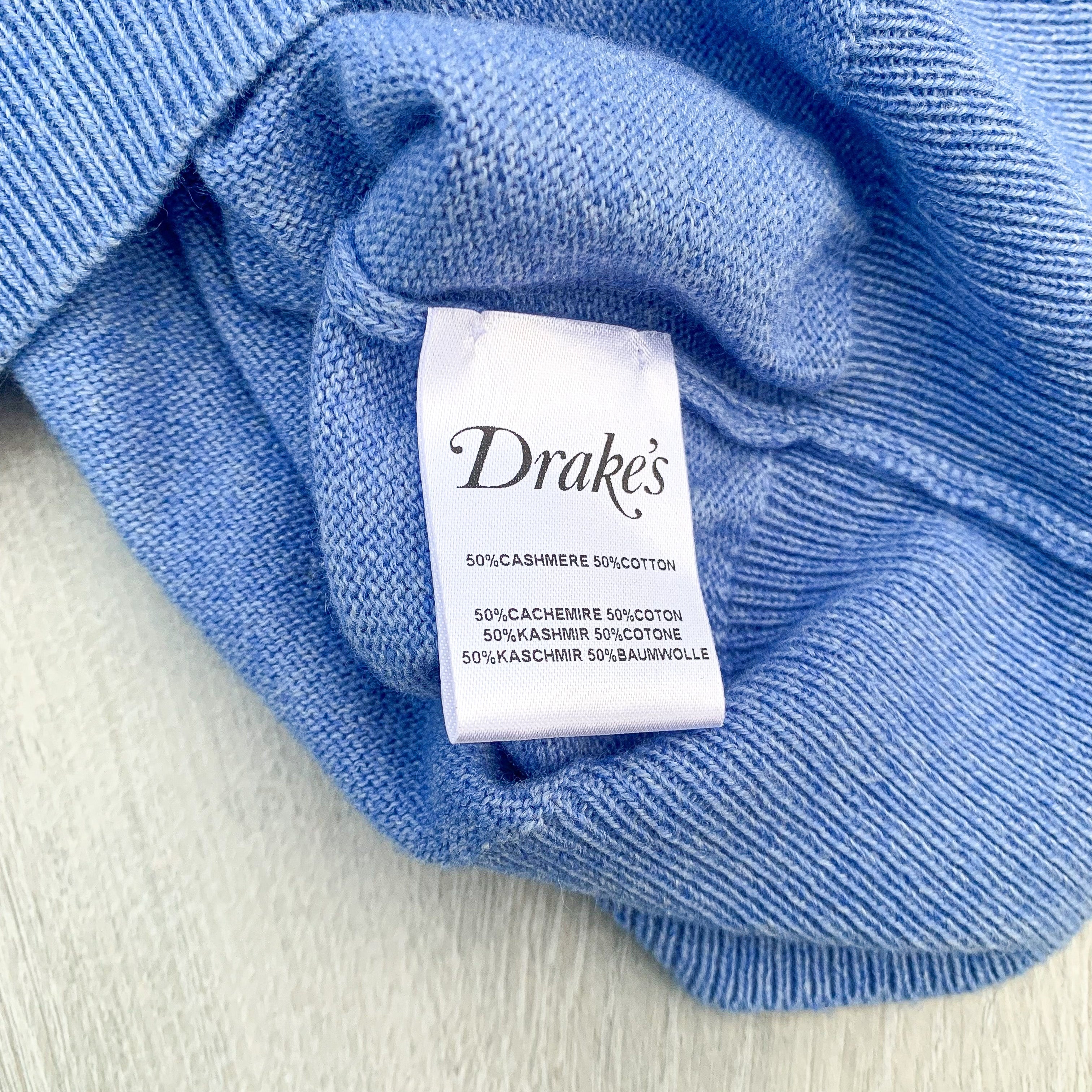 Drake's Sky Blue D Emblem Cashmere Cotton Mens Jumper - House Of Huntington