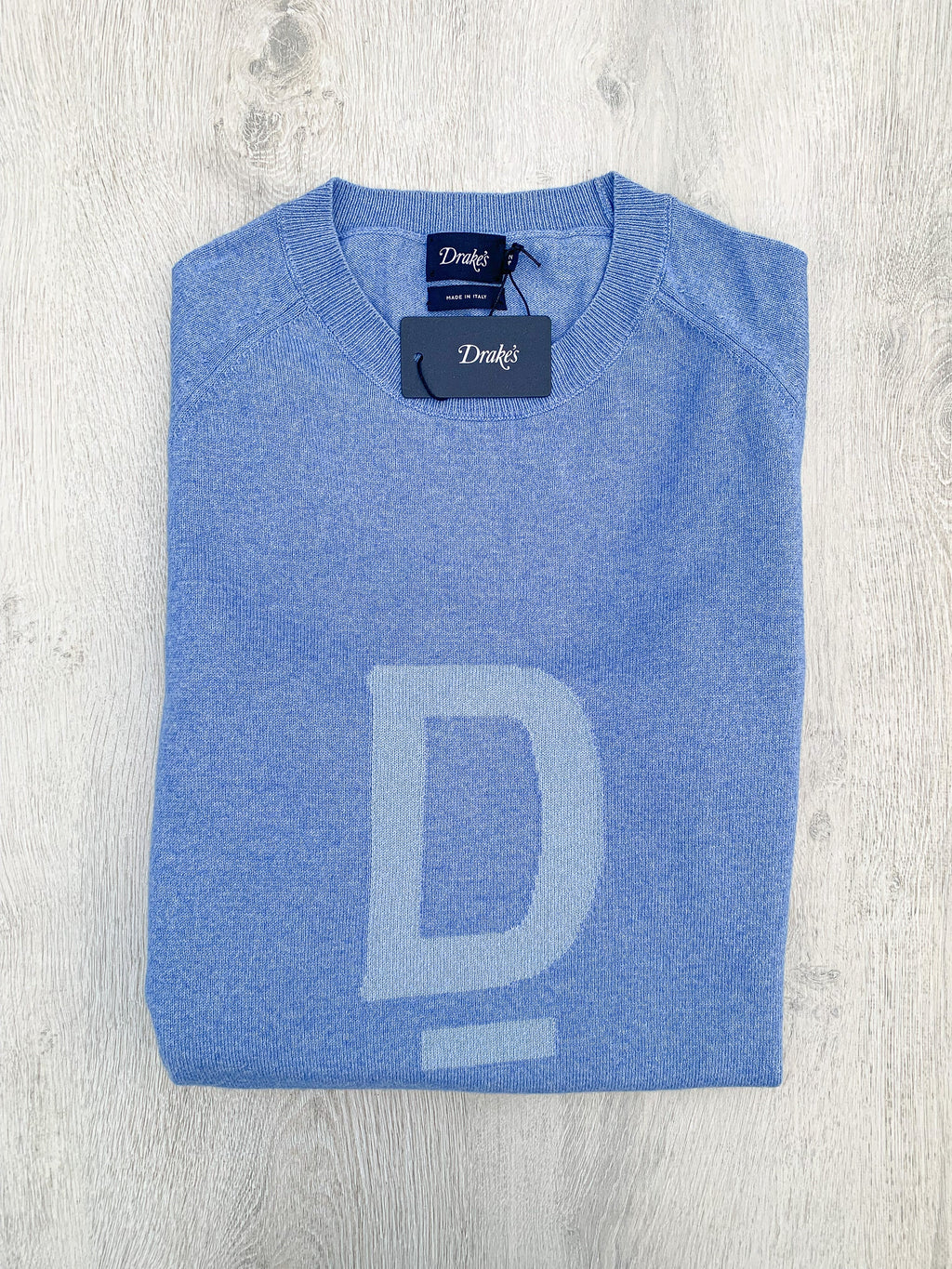 Drake's Sky Blue D Emblem Cashmere Cotton Mens Jumper - House Of Huntington