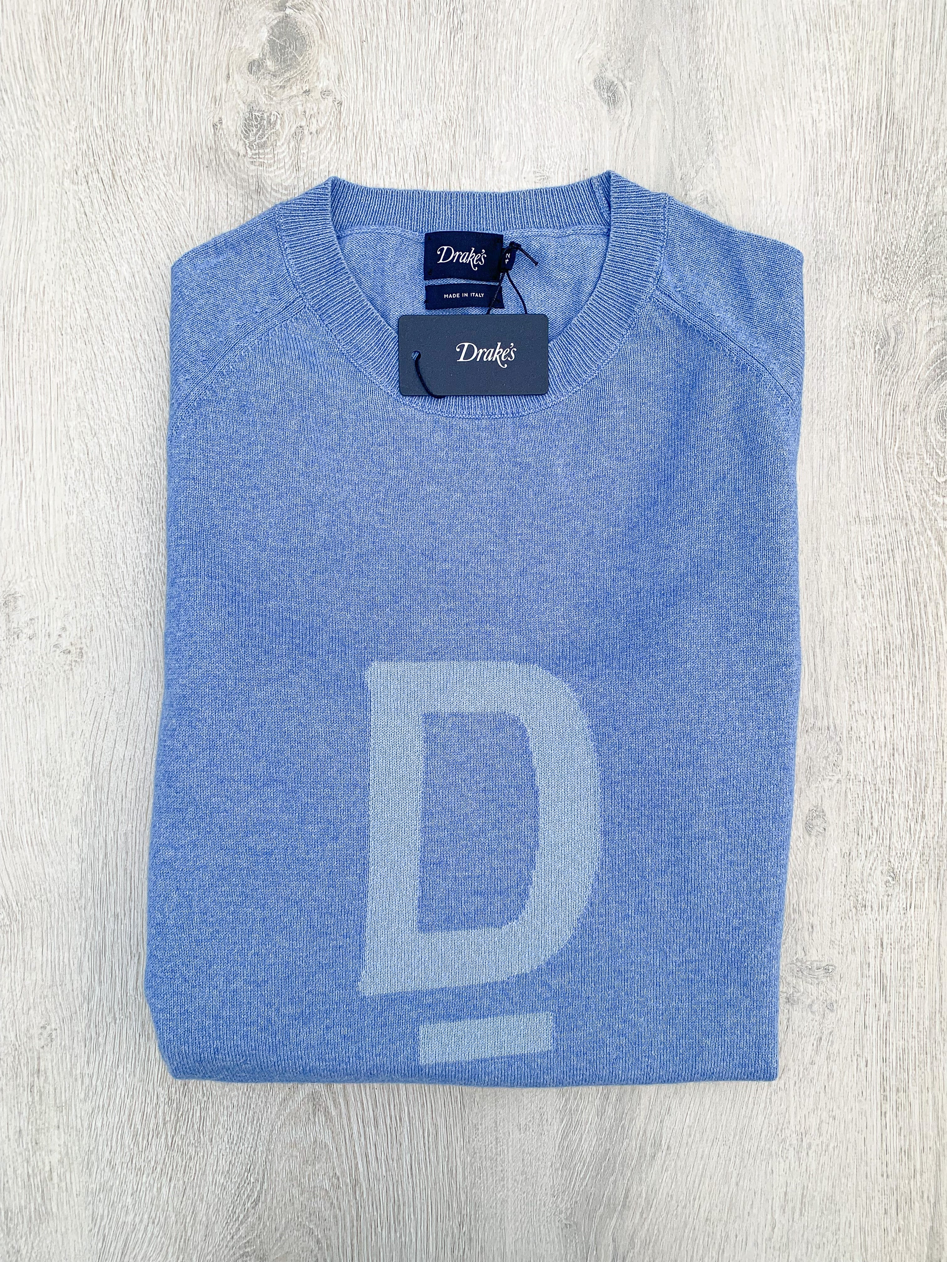 Drake's Sky Blue D Emblem Cashmere Cotton Mens Jumper - House Of Huntington